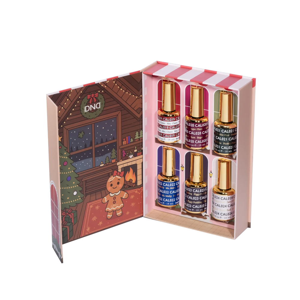 Open DND Winter Box gift set with six nail polish bottles, CAL019 to CAL024, in a box illustrated with a gingerbread fireplace scene