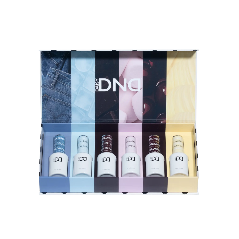 Open DND The Never Fail gift box showing six bottles, Baby Blue Jean, Icy, Brownie Points, Babycake, Love Bite and Butter Lover