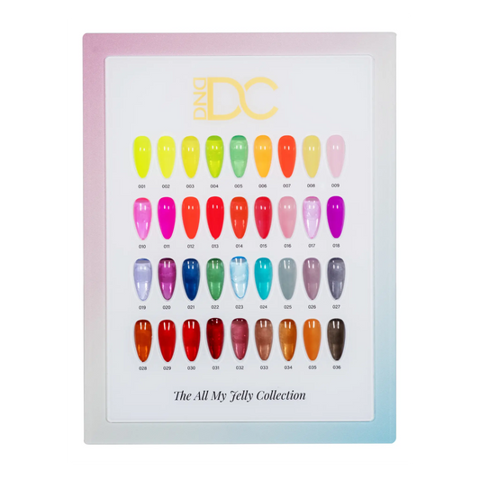 DC Jelly color chart displaying all shades in the All My Jelly Collection, numbered 001 through 036