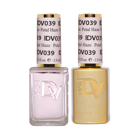 DND DIVA #039 Petal Haze gel and lacquer duo bottles, gel shown in pale pink beside a gold-tone lacquer bottle