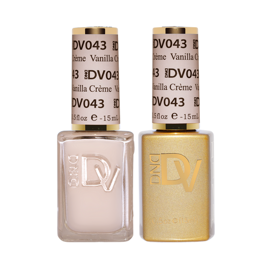 DND DIVA #043 Vanilla Crème gel and lacquer duo bottles, gold-tone bottles side by side