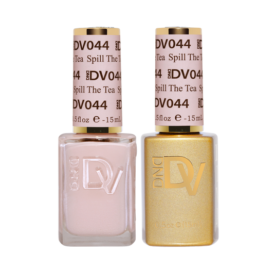 DND DIVA #044 Spill The Tea gel and lacquer duo bottles, gold-tone bottles side by side
