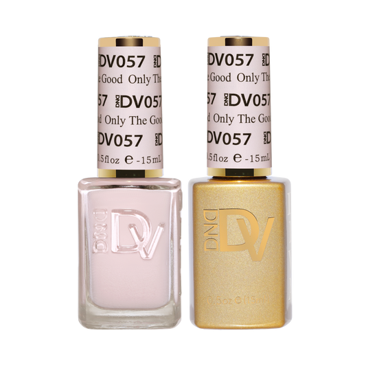 DND DIVA #057 Only The Good gel and lacquer duo bottles, gel shown in pale pink beside a gold-tone lacquer bottle