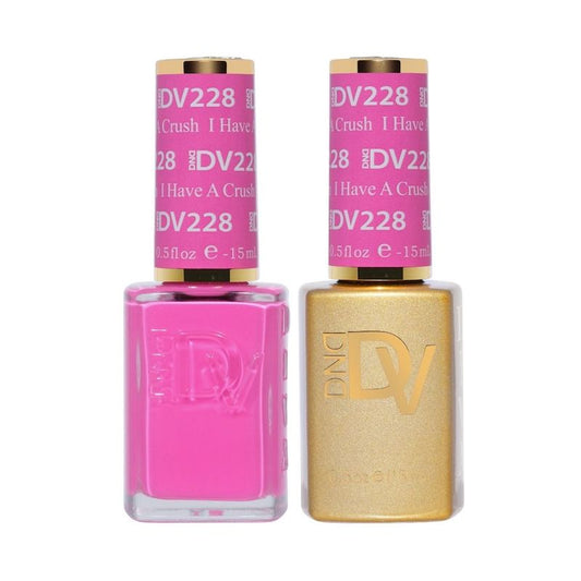 DND #228 I Have A Crush gel and lacquer duo bottles in bright fuchsia pink