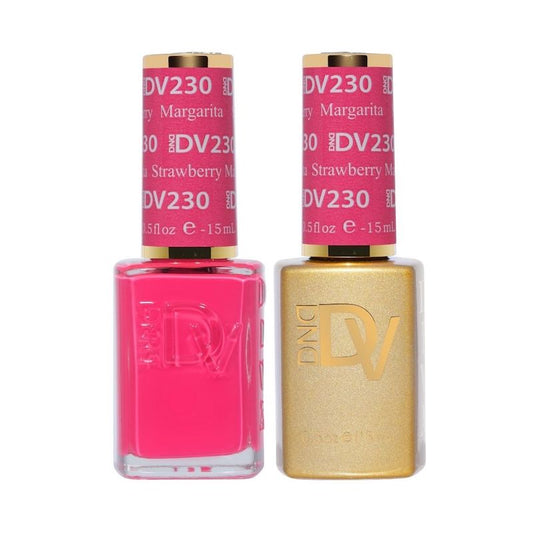 DND #230 Strawberry Margarita gel and lacquer duo bottles in raspberry pink-red