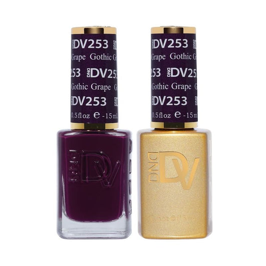 DND DIVA #253 Gothic Grape gel polish and lacquer duo bottles in dark purple