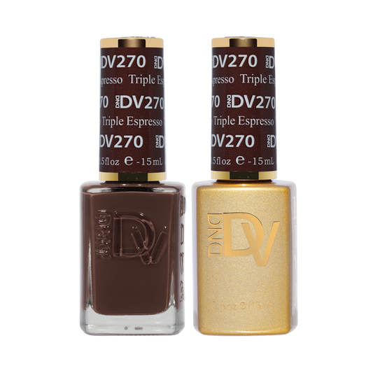 DND #270 Triple Espresso gel and lacquer duo bottles in dark chocolate brown