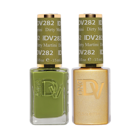 DND DV #282 Dirty Martini gel and lacquer duo bottles in dark olive green