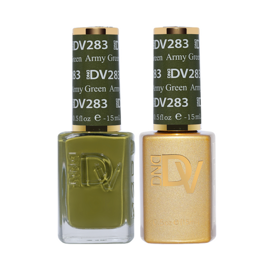 DND DV #283 Army Green gel and lacquer duo bottles in dark olive green