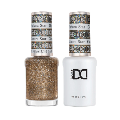 Duo set of gel and nail polish for Golden Sahara Star showing gold glitter color with silver flecks