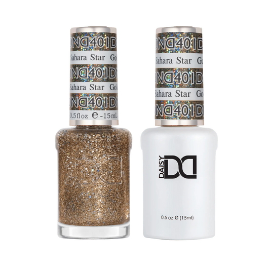 Duo set of gel and nail polish for Golden Sahara Star showing gold glitter color with silver flecks