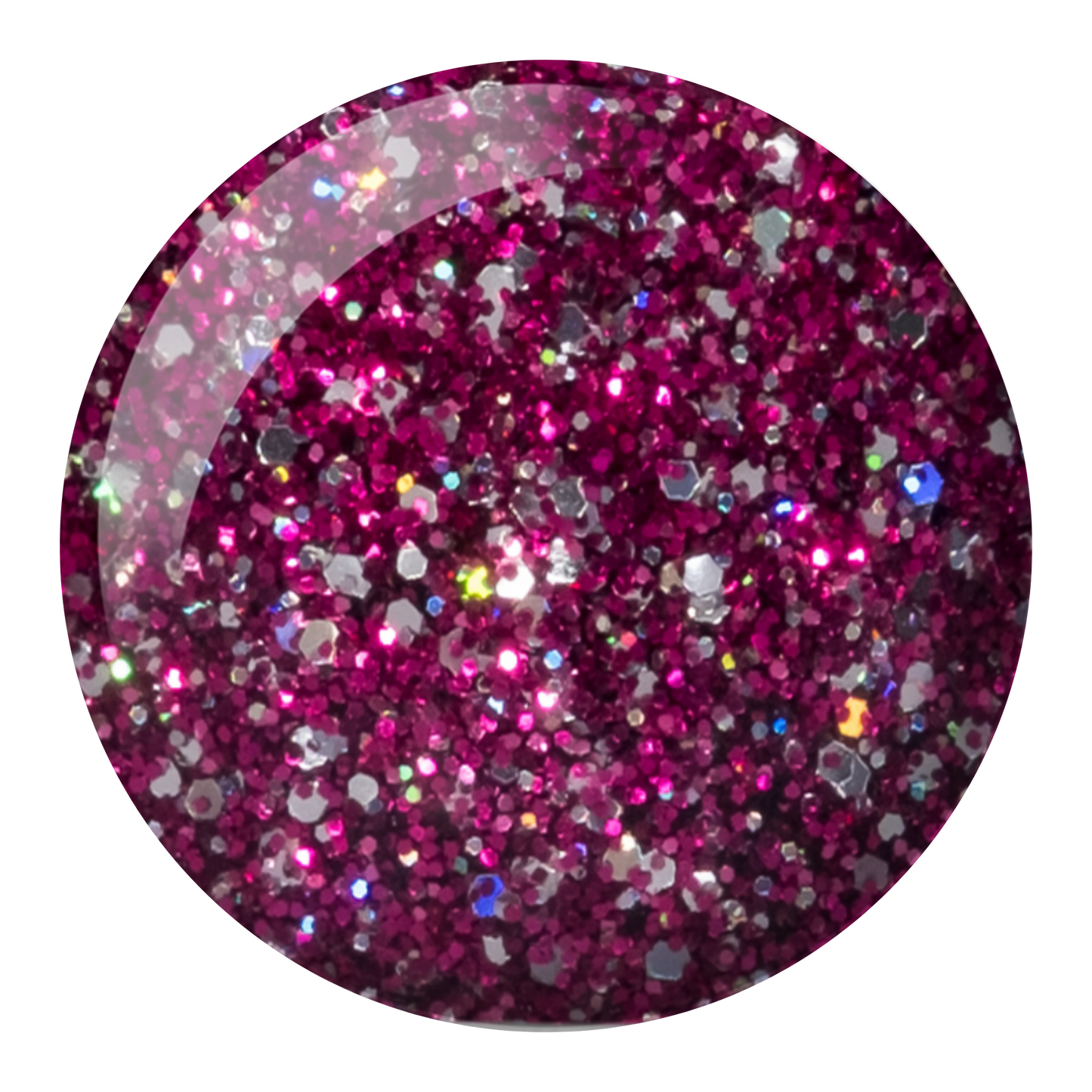 Round swatch of Fuchsia Star showing a pink glitter with silver holographic flecks
