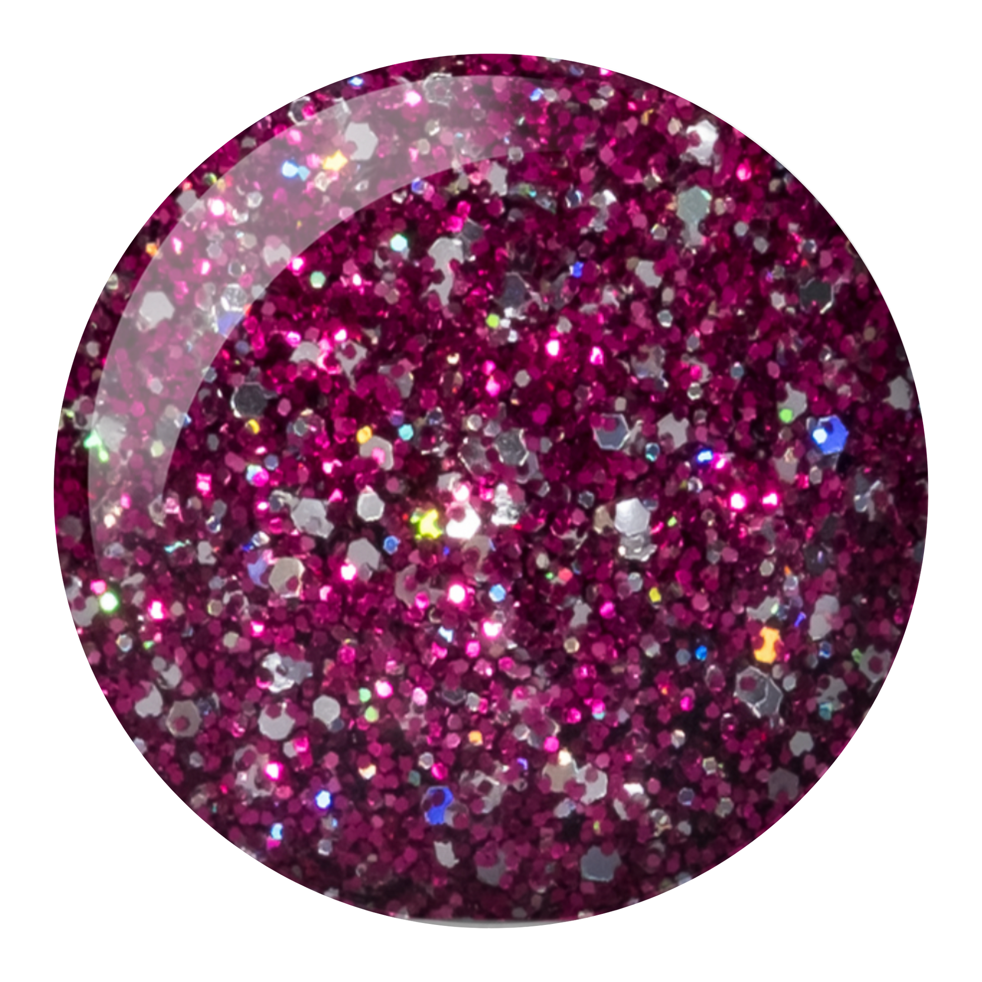 Round swatch of Fuchsia Star showing a pink glitter with silver holographic flecks