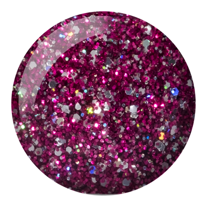 Round swatch of Fuchsia Star showing a pink glitter with silver holographic flecks