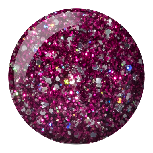 Round swatch of Fuchsia Star showing a pink glitter with silver holographic flecks