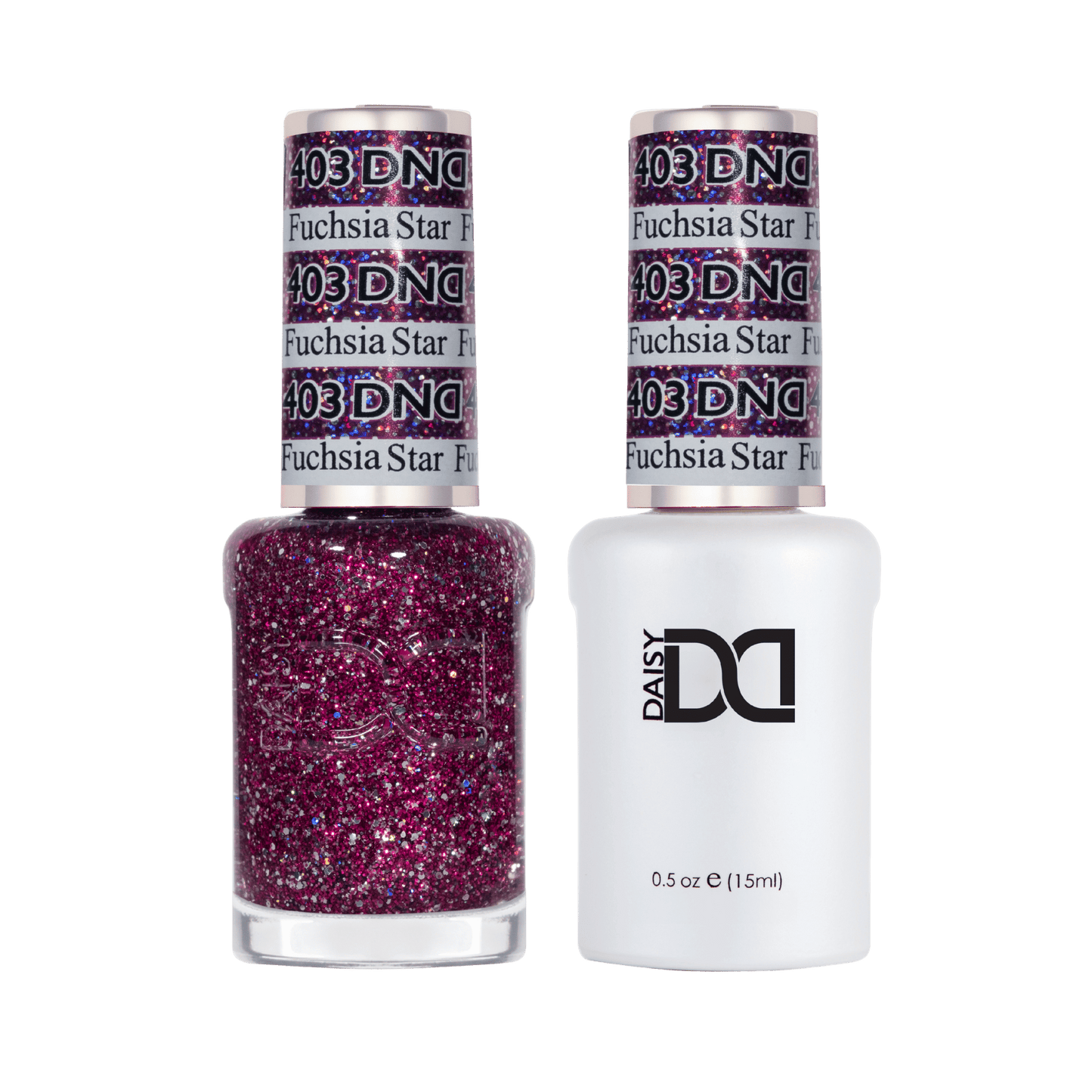 Duo set of gel and nail polish for Fuchsia Star showing pink berry glitter color with silver holographic flecks