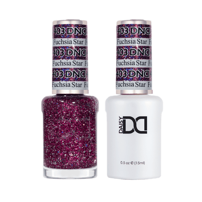 Duo set of gel and nail polish for Fuchsia Star showing pink berry glitter color with silver holographic flecks