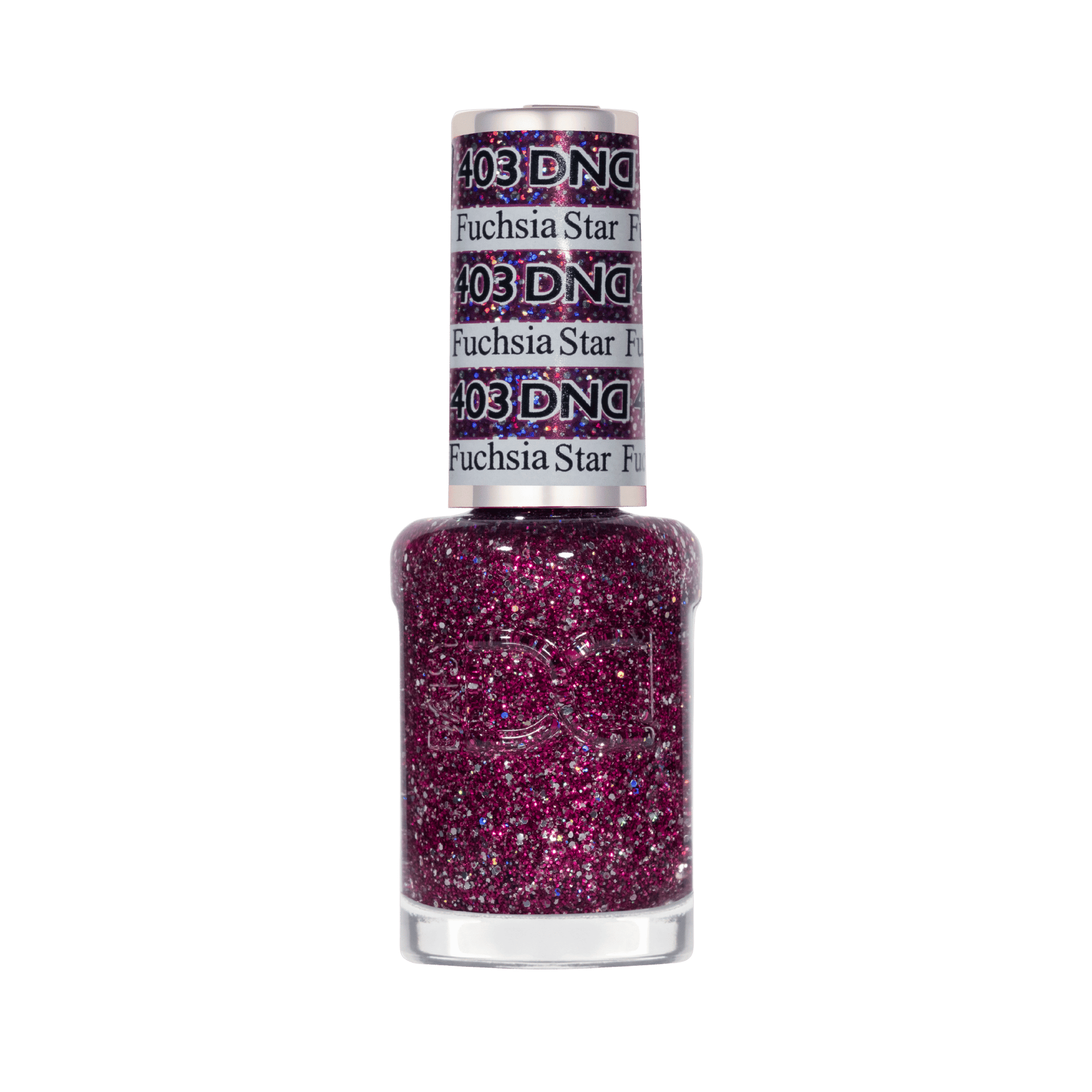 Air-dry lacquer nail polish in a clear bottle for Fuchsia Star showing pink berry glitter color with silver holographic flecks