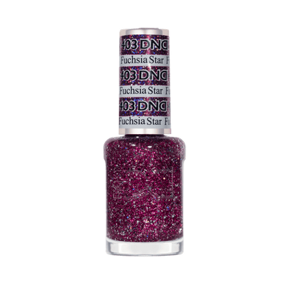Air-dry lacquer nail polish in a clear bottle for Fuchsia Star showing pink berry glitter color with silver holographic flecks