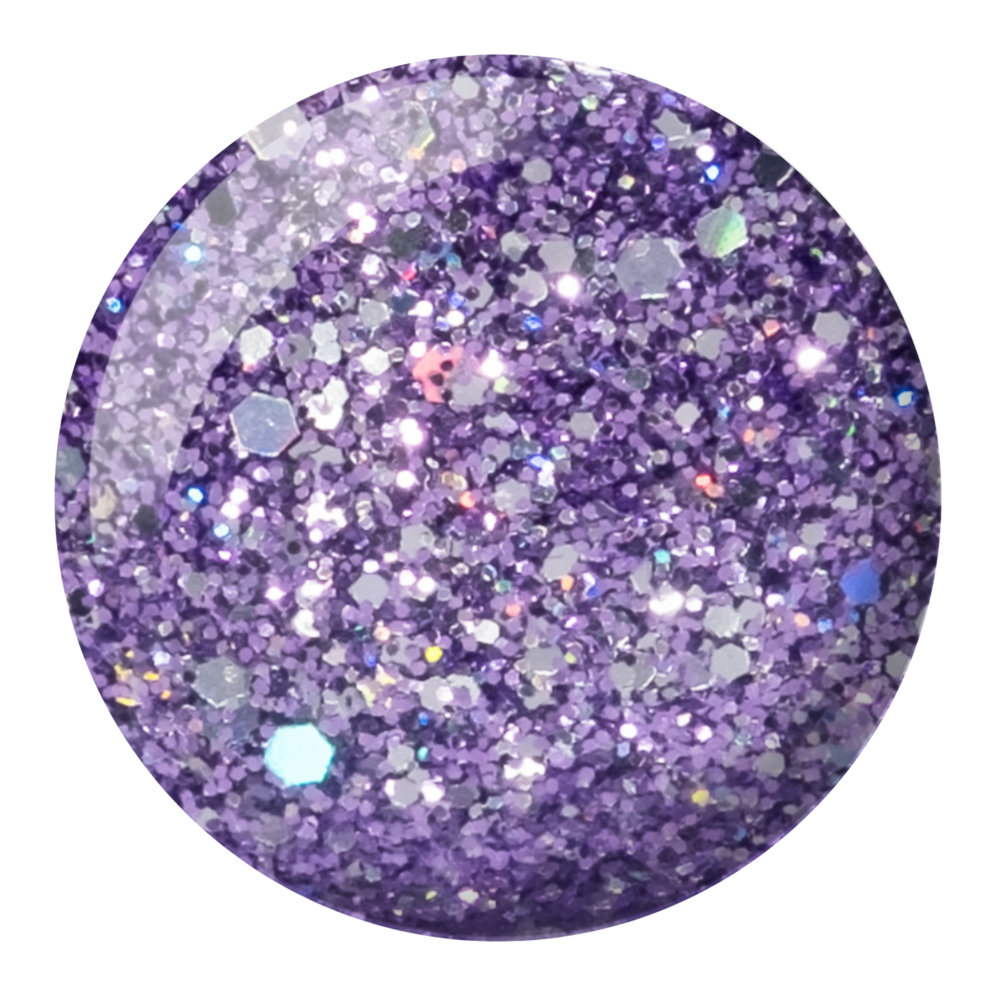 Round swatch of Lavender Daisy Star showing a purple glitter with specks of silver