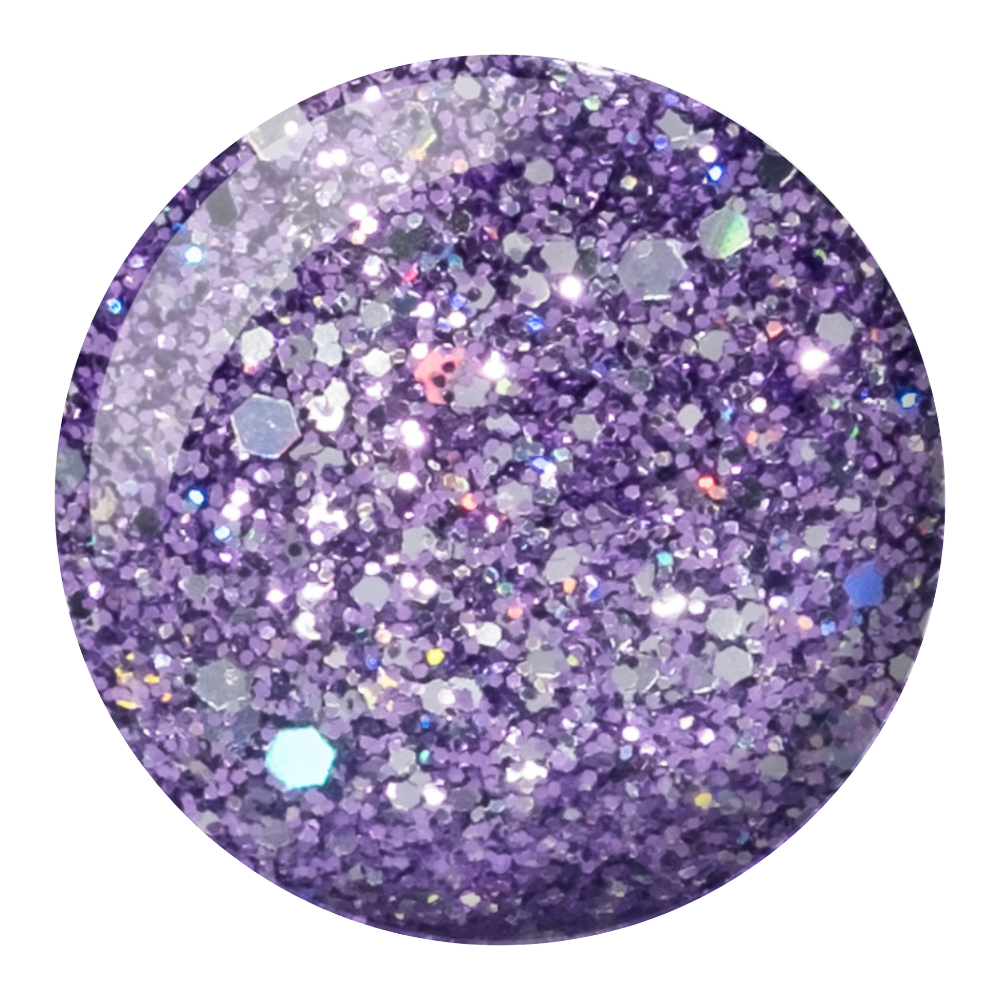 Round swatch of Lavender Daisy Star showing a purple glitter with specks of silver