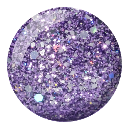 Round swatch of Lavender Daisy Star showing a purple glitter with specks of silver
