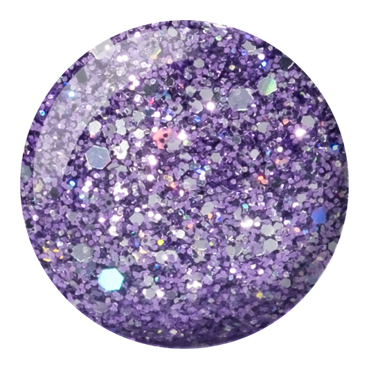 Round swatch of Lavender Daisy Star showing a purple glitter with specks of silver