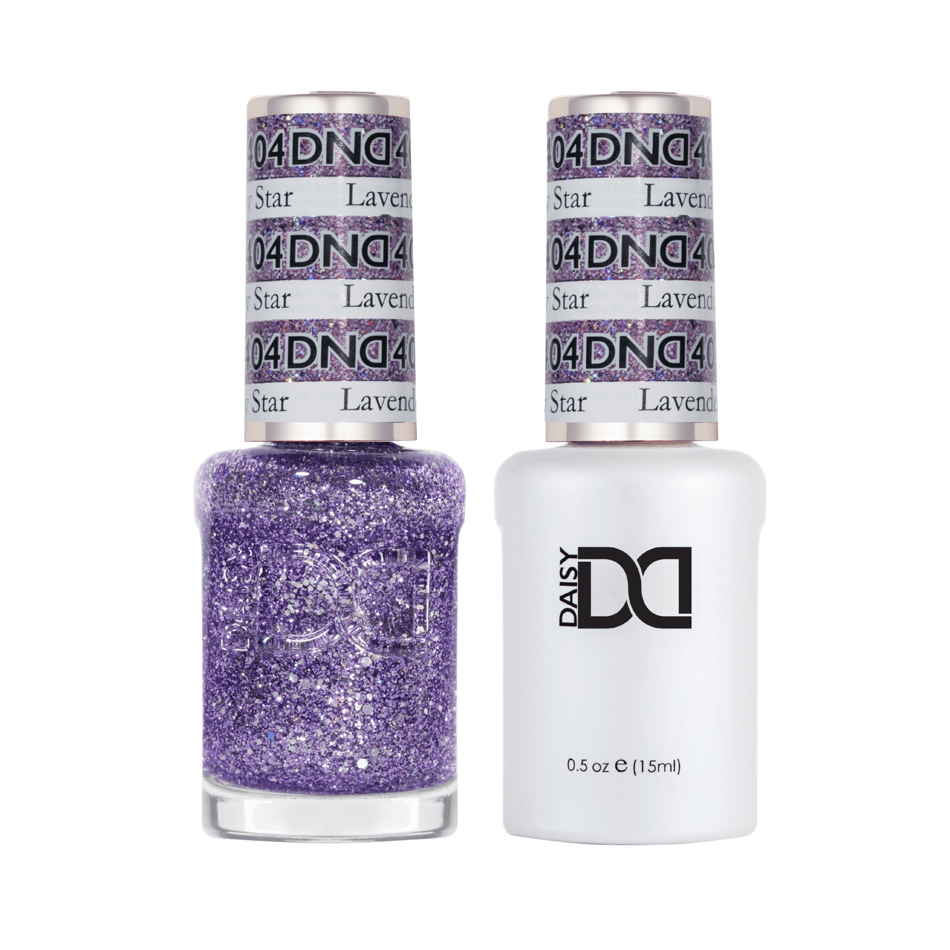 Duo set of gel polish in white bottle and air-dry lacquer nail polish in a clear bottle for Lavender Daisy Star showing purple glitter color with silver flecks