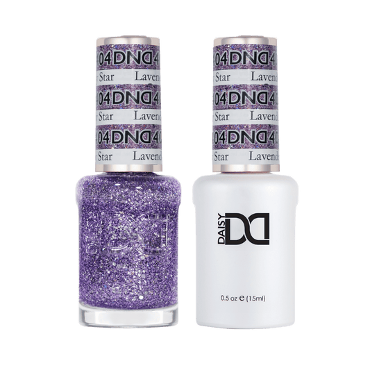 Duo set of gel polish in white bottle and air-dry lacquer nail polish in a clear bottle for Lavender Daisy Star showing purple glitter color with silver flecks