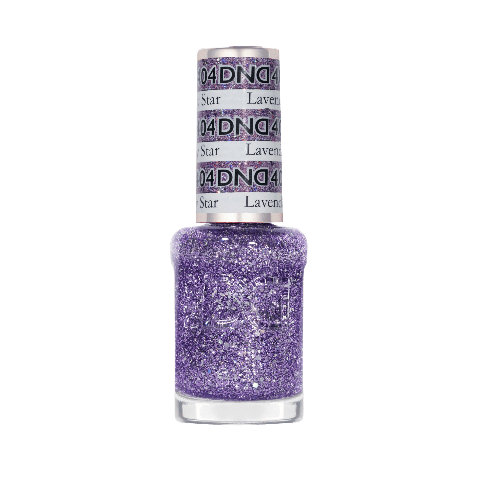 Air-dry lacquer nail polish in a clear bottle for Lavender Daisy Star showing purple glitter color with silver flecks