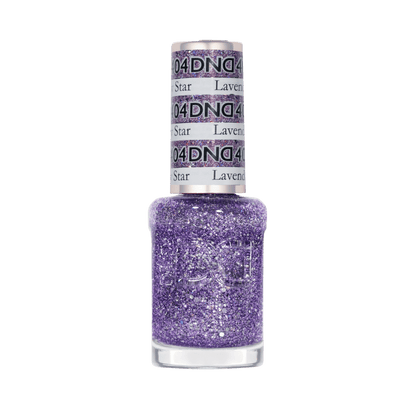Air-dry lacquer nail polish in a clear bottle for Lavender Daisy Star showing purple glitter color with silver flecks