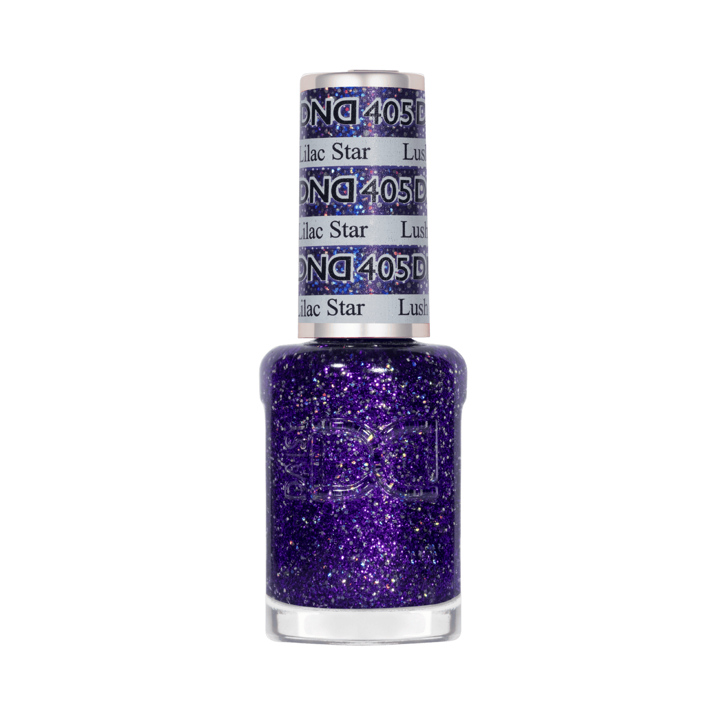 Air-dry lacquer nail polish in a clear bottle for Lush Lilac Star showing purple glitter color with silver holographic flecks
