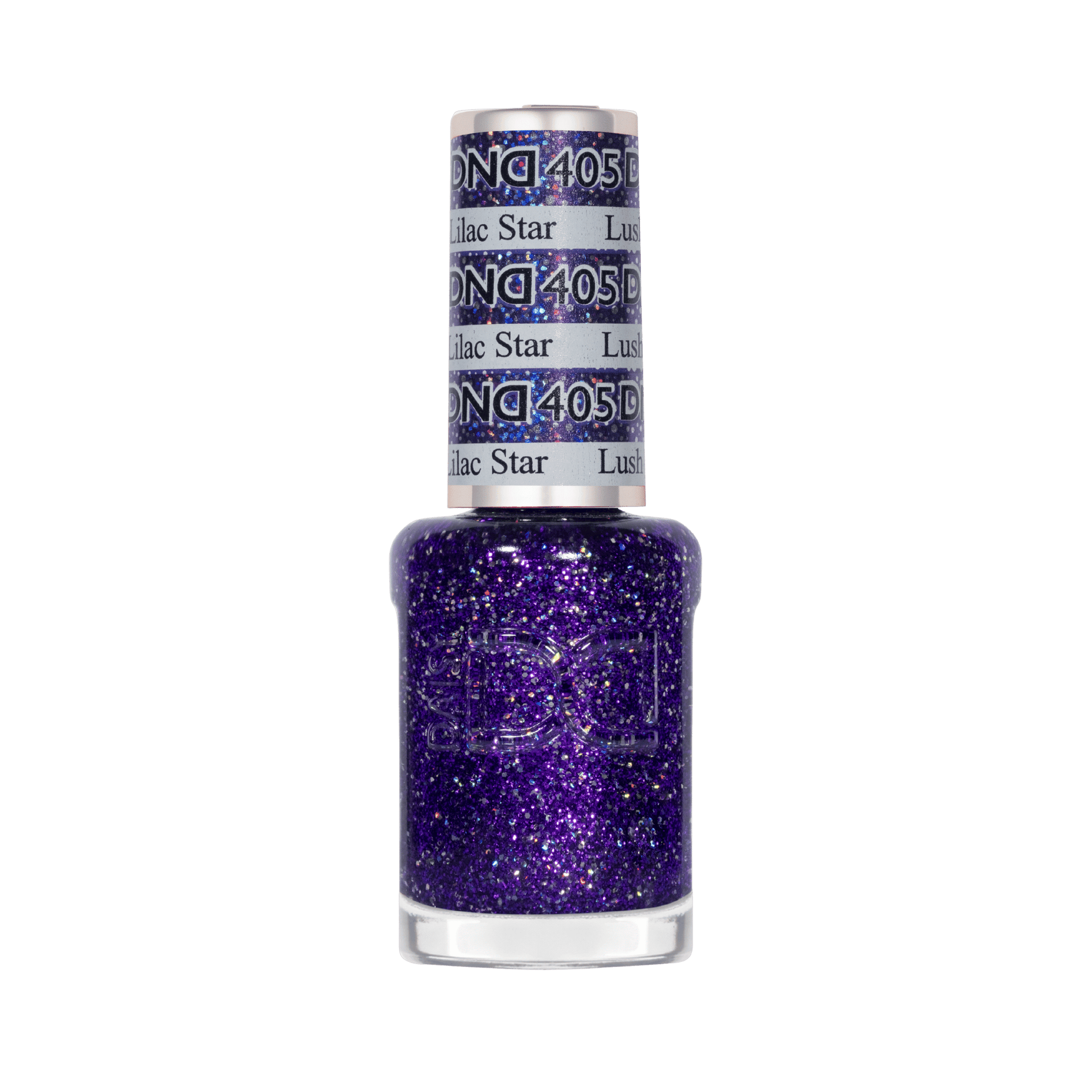 Air-dry lacquer nail polish in a clear bottle for Lush Lilac Star showing purple glitter color with silver holographic flecks