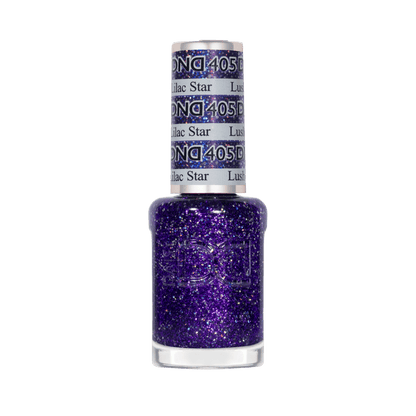 Air-dry lacquer nail polish in a clear bottle for Lush Lilac Star showing purple glitter color with silver holographic flecks