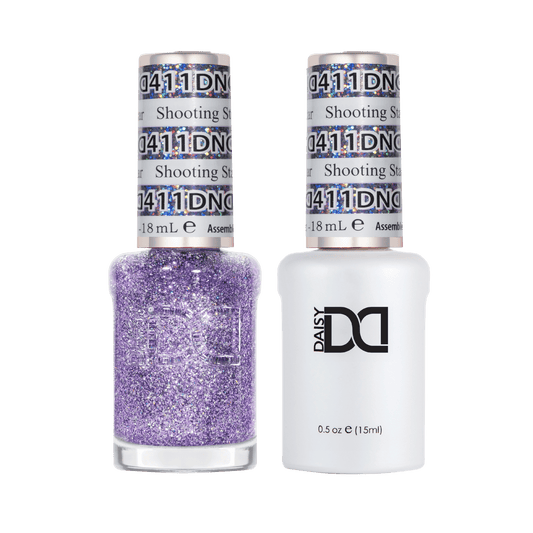 DND #411 Shooting Star gel and lacquer duo bottles in lavender-purple holographic glitter
