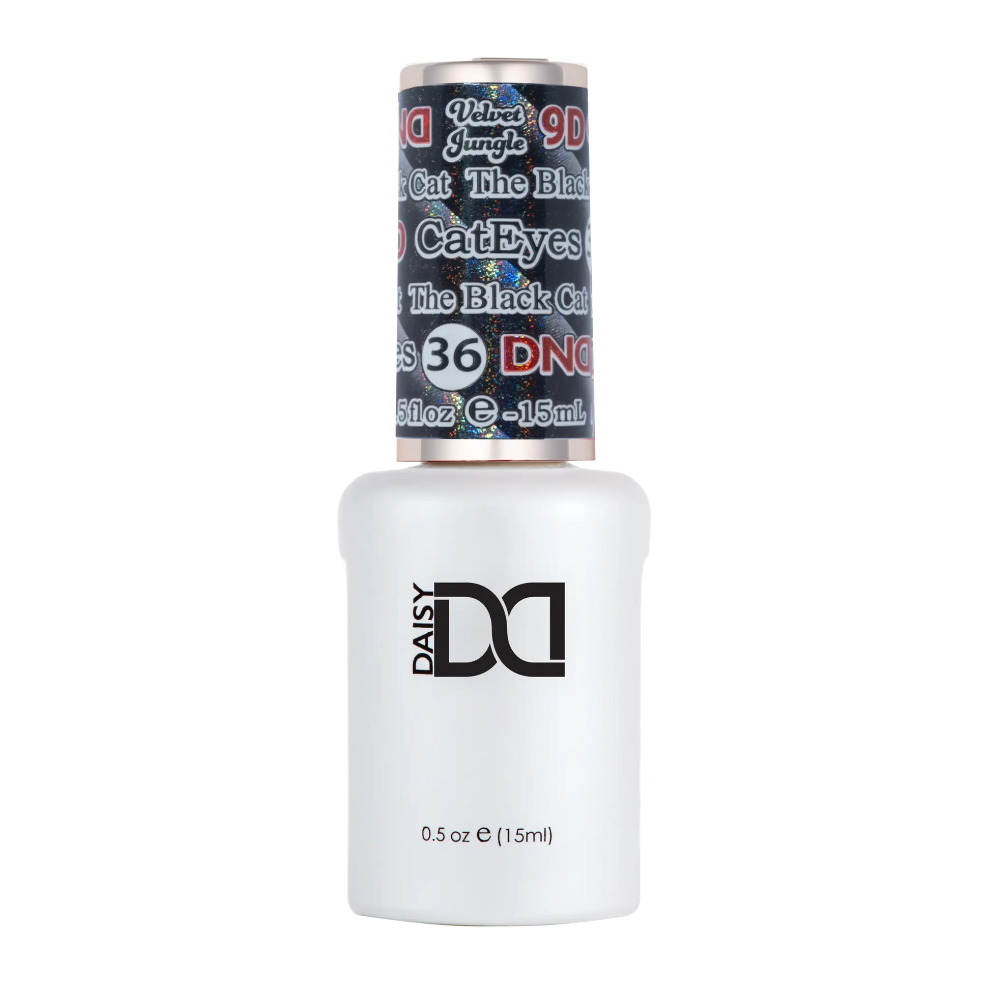 Gel nail polish in a white DND bottle for The Black Cat showing black label with silver holographic glitter
