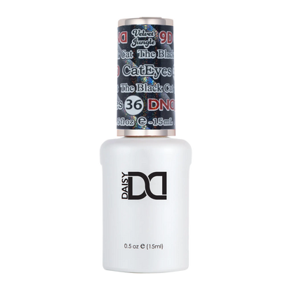 Gel nail polish in a white DND bottle for The Black Cat showing black label with silver holographic glitter
