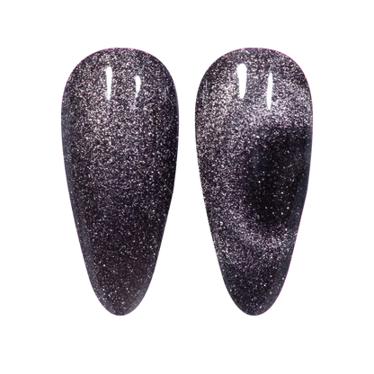 Nail swatch of The Black Cat showing a black cat eye with silvery reflection
