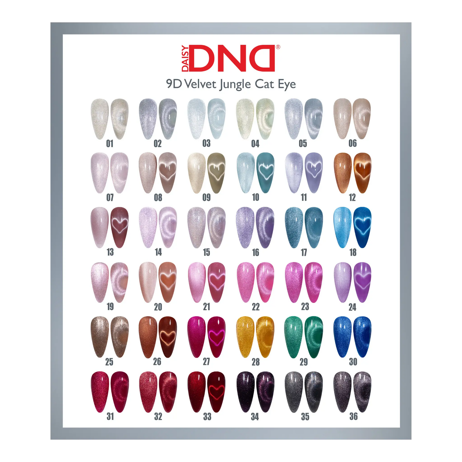 Nail color chart with various shades of nail polish on a white background, featuring the brand DND.