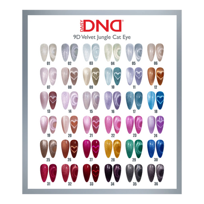 Nail color chart with various shades of nail polish on a white background, featuring the brand DND.