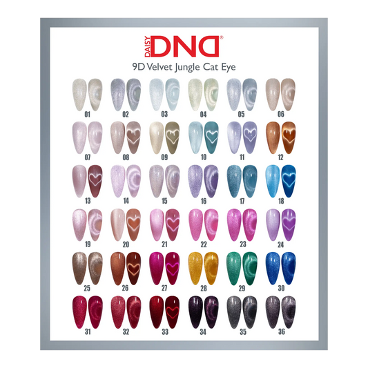 Nail color chart with various shades of nail polish on a white background, featuring the brand DND.