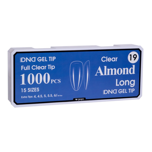 Box of DND Gel Tip Full Clear Tip nail tips, Almond Long shape, 1000 pieces in 15 sizes