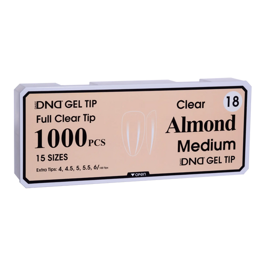 Box of DND Gel Tip Full Clear Tip nail tips, Almond Medium shape, 1000 pieces in 15 sizes