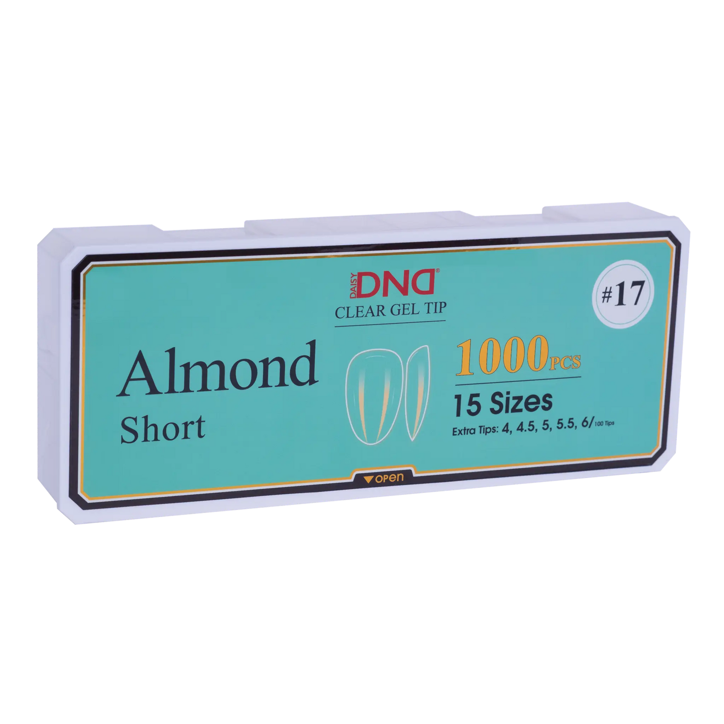 Box of DND Gel Tip Full Clear Tip nail tips, Almond Short shape, 1000 pieces in 15 sizes