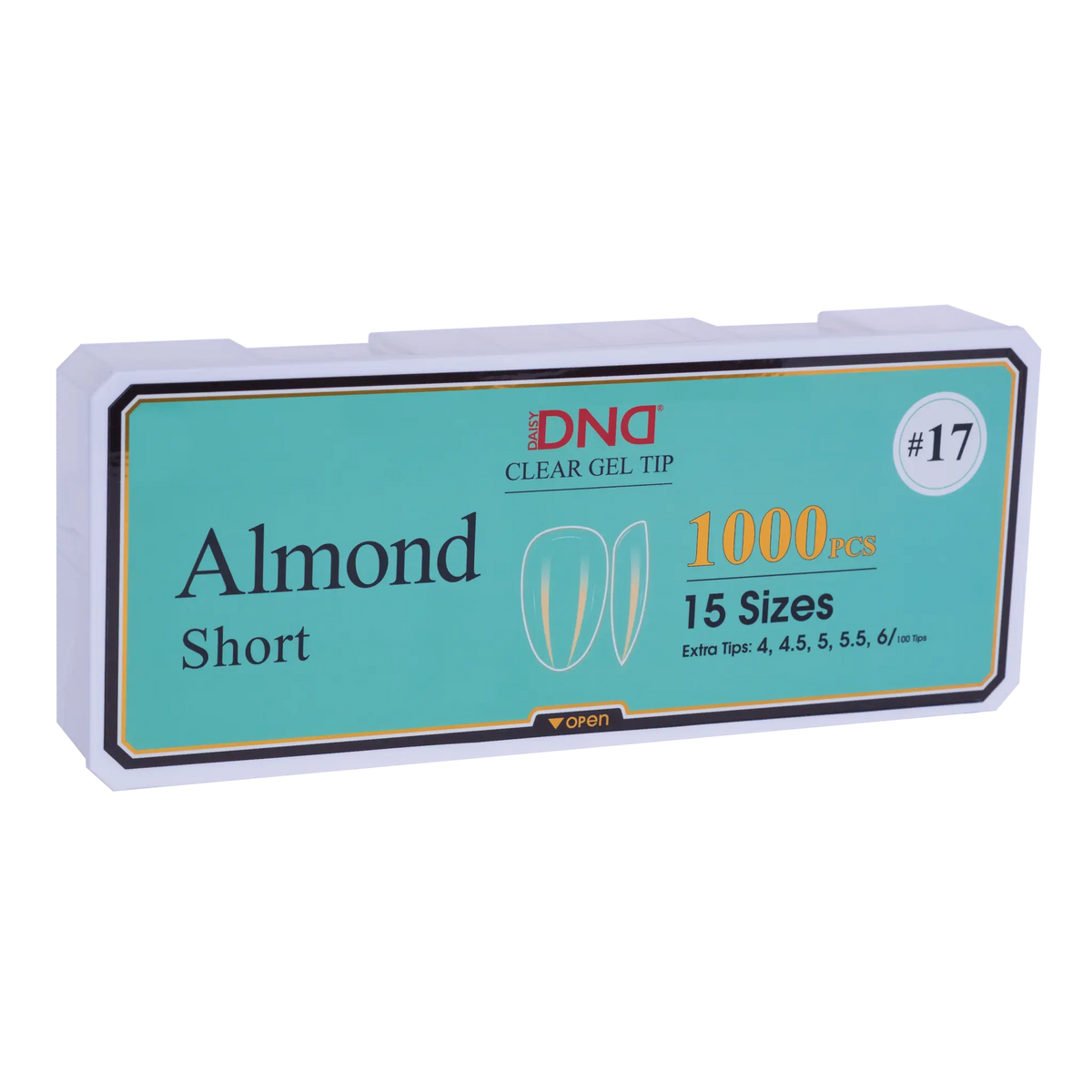 Box of DND Gel Tip Full Clear Tip nail tips, Almond Short shape, 1000 pieces in 15 sizes