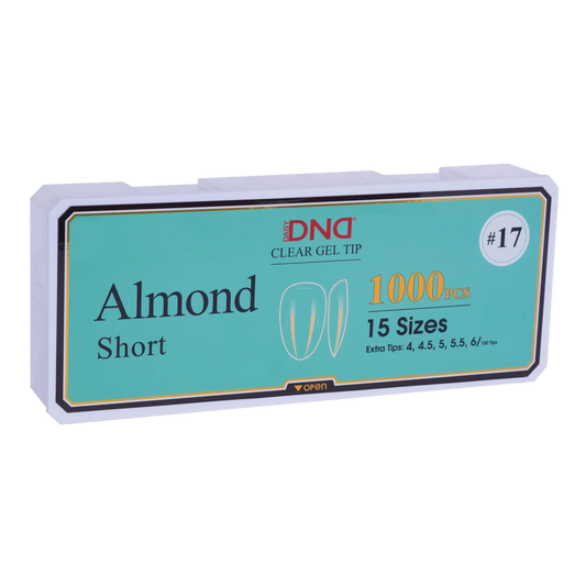 Box of DND Gel Tip Full Clear Tip nail tips, Almond Short shape, 1000 pieces in 15 sizes