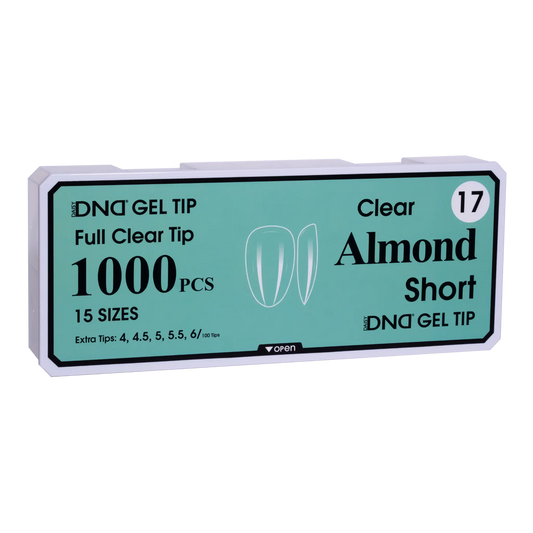 Box of DND Gel Tip Full Clear Tip nail tips, Almond Short shape, 1000 pieces in 15 sizes