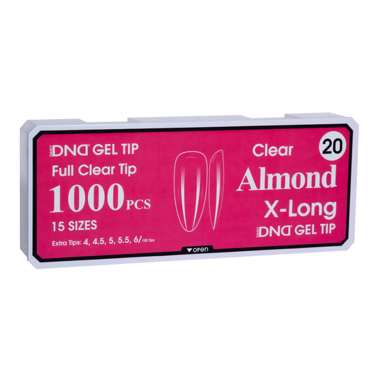 Box of DND Gel Tip Full Clear Tip nail tips, Almond X-Long shape, 1000 pieces in 15 sizes