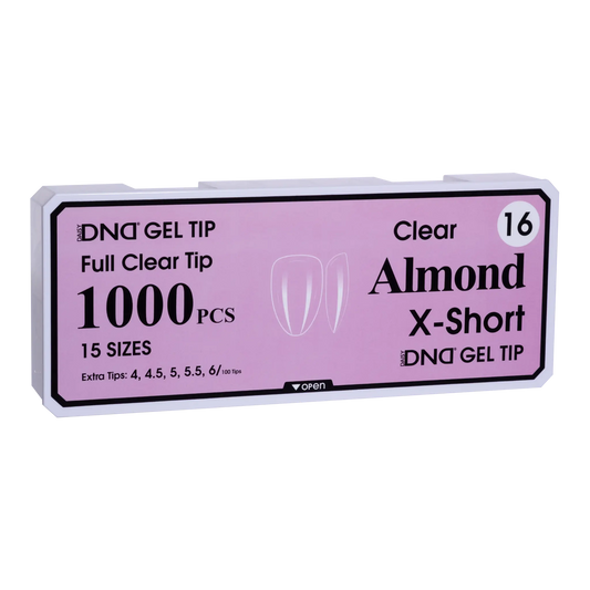 Box of DND Gel Tip Full Clear Tip nail tips, Almond X-Short shape, 1000 pieces in 15 sizes