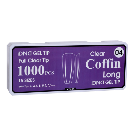 Box of DND Gel Tip Full Clear Tip nail tips, Coffin Long shape, 1000 pieces in 15 sizes